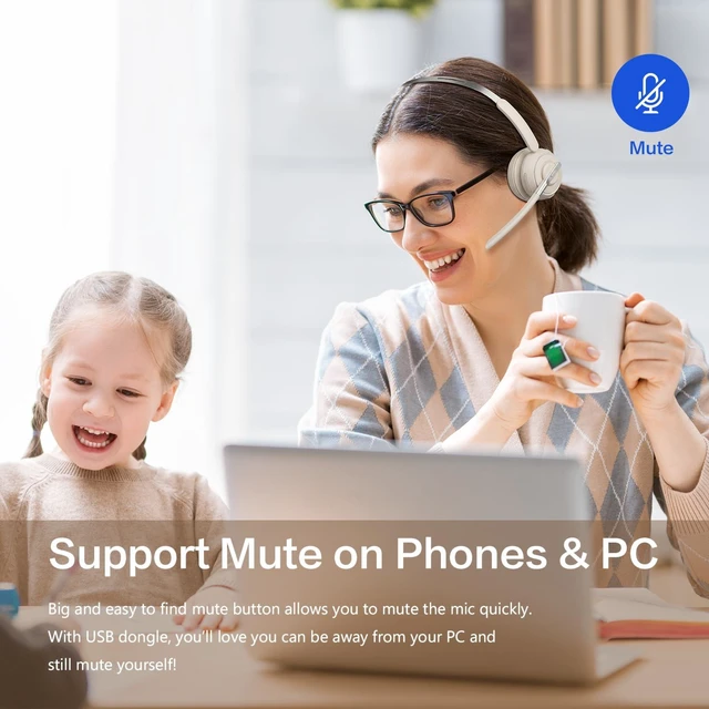 Alt view image 3 of 6 - Bluetooth Headset, Wireless Headset with Mic for Work, Noise Cancelling Microphone, USB Dongle,Charging Stand, Mute Button for PC, Zoom, Teams, Office & Call Center, Cell Phones, Work from Home