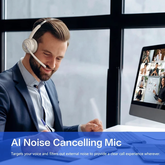 Alt view image 4 of 6 - Bluetooth Headset, Wireless Headset with Mic for Work, Noise Cancelling Microphone, USB Dongle,Charging Stand, Mute Button for PC, Zoom, Teams, Office & Call Center, Cell Phones, Work from Home