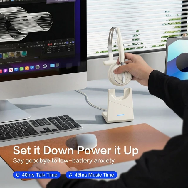 Alt view image 5 of 6 - Bluetooth Headset, Wireless Headset with Mic for Work, Noise Cancelling Microphone, USB Dongle,Charging Stand, Mute Button for PC, Zoom, Teams, Office & Call Center, Cell Phones, Work from Home