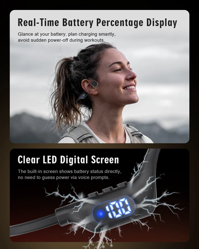 Alt view image 3 of 7 - Bone Conduction Headphones, Open Ear Earbuds with Display Screen | Premium Sound & Clear Mic, Bluetooth 6.0, 15H Playtime, Lightweight, IPX5 Waterproof Wireless Earphones for Running,Black