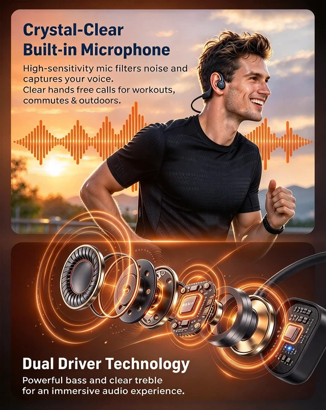 Alt view image 5 of 7 - Bone Conduction Headphones, Open Ear Earbuds with Display Screen | Premium Sound & Clear Mic, Bluetooth 6.0, 15H Playtime, Lightweight, IPX5 Waterproof Wireless Earphones for Running,Black