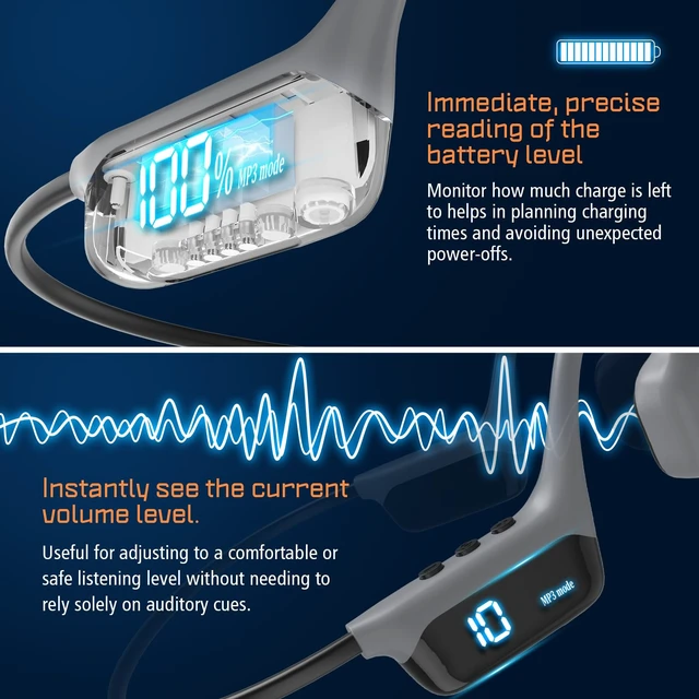 Alt view image 5 of 7 - Bone Conduction Headphones, Open-Ear Wireless Bluetooth Sport Earphones | Mic & LCD Display, Waterproof for Swimming, Running, Workout, Gym, Men Women