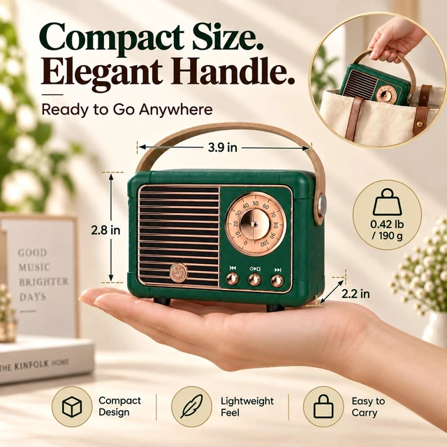 Alt view image 3 of 7 - Retro Bluetooth Speaker,Vintage Decor,Small Gift for Women Men Green | Portable mini wireless radio old fashion style for kitchen desk bedroom office travel accessories gifts for women teen girls