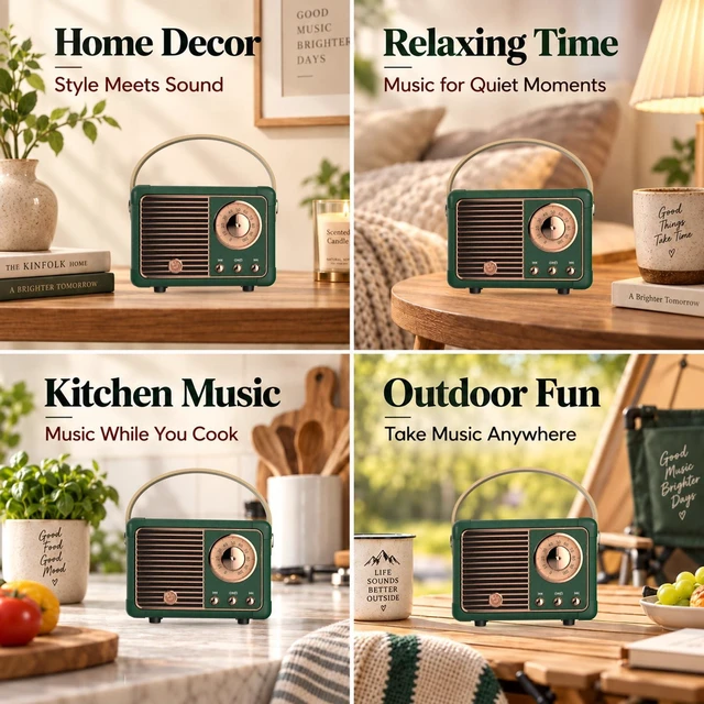 Alt view image 5 of 7 - Retro Bluetooth Speaker,Vintage Decor,Small Gift for Women Men Green | Portable mini wireless radio old fashion style for kitchen desk bedroom office travel accessories gifts for women teen girls