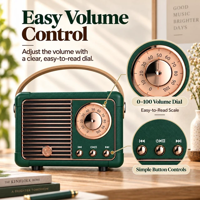 Alt view image 6 of 7 - Retro Bluetooth Speaker,Vintage Decor,Small Gift for Women Men Green | Portable mini wireless radio old fashion style for kitchen desk bedroom office travel accessories gifts for women teen girls
