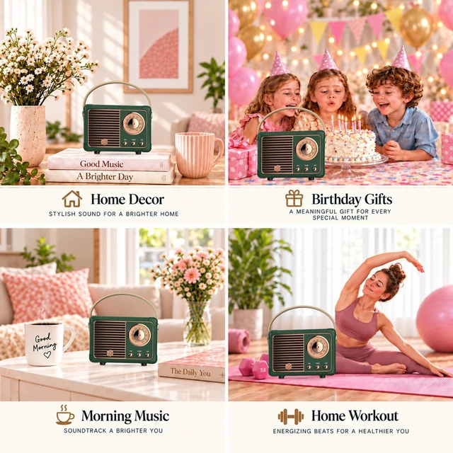Alt view image 7 of 7 - Retro Bluetooth Speaker,Vintage Decor,Small Gift for Women Men Green | Portable mini wireless radio old fashion style for kitchen desk bedroom office travel accessories gifts for women teen girls