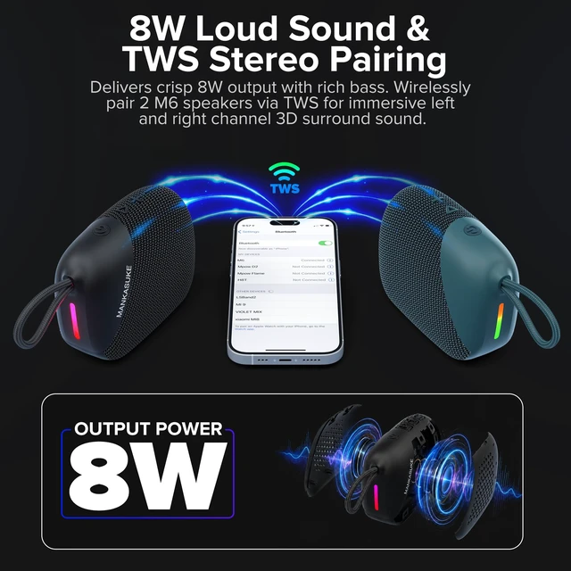Alt view image 6 of 7 - M6 Magnetic Bluetooth Speaker for Golf Cart, Black | 8W, IP67, TWS,Bluetooth 5.4, RGB Light, 1800mAh Battery, Type-C Charging & Hands-Free Calling