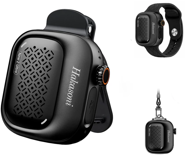 Main image of Clip On Speaker, Wearable Portable Mini Speaker, Black | 3-way wearable speaker with wristband, clip and lanyard; 43.66g body, IP69K protection, 5W sound, mic and speaker linking.