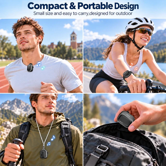 Alt view image 2 of 7 - Clip On Speaker, Wearable Portable Mini Speaker, Black | 3-way wearable speaker with wristband, clip and lanyard; 43.66g body, IP69K protection, 5W sound, mic and speaker linking.