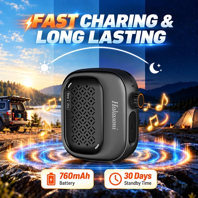 Alt view image 7 of 7 - Clip On Speaker, Wearable Portable Mini Speaker, Black | 3-way wearable speaker with wristband, clip and lanyard; 43.66g body, IP69K protection, 5W sound, mic and speaker linking.