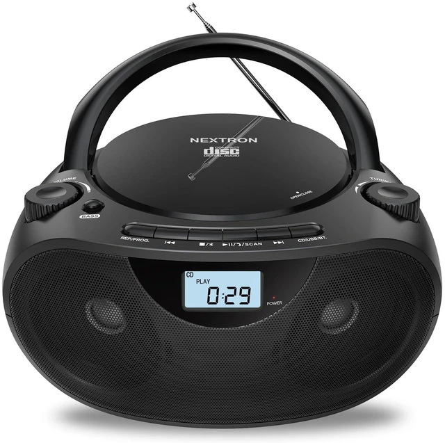 Main image of Portable CD Player Boombox with Bluetooth, AM/FM Radio & USB | CD-R/RW, MP3-CD & USB Playback, Stereo Sound, Bass Boost, AUX Input, Headphone Jack, LCD Display, AC/Battery Powered - Black