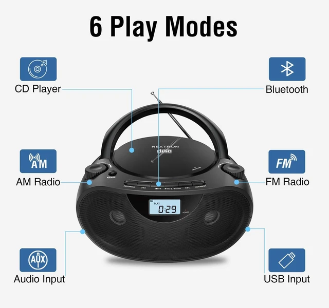 Alt view image 2 of 7 - Portable CD Player Boombox with Bluetooth, AM/FM Radio & USB | CD-R/RW, MP3-CD & USB Playback, Stereo Sound, Bass Boost, AUX Input, Headphone Jack, LCD Display, AC/Battery Powered - Black