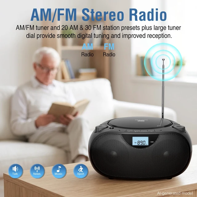 Alt view image 5 of 7 - Portable CD Player Boombox with Bluetooth, AM/FM Radio & USB | CD-R/RW, MP3-CD & USB Playback, Stereo Sound, Bass Boost, AUX Input, Headphone Jack, LCD Display, AC/Battery Powered - Black