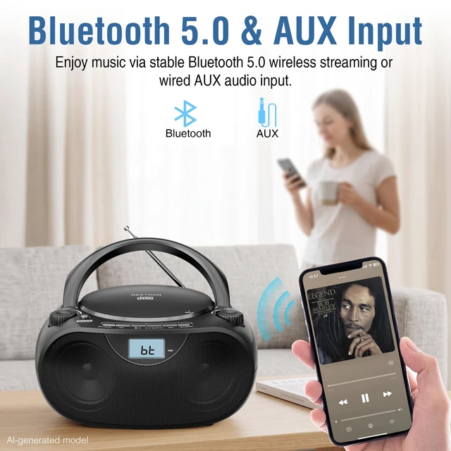 Alt view image 6 of 7 - Portable CD Player Boombox with Bluetooth, AM/FM Radio & USB | CD-R/RW, MP3-CD & USB Playback, Stereo Sound, Bass Boost, AUX Input, Headphone Jack, LCD Display, AC/Battery Powered - Black