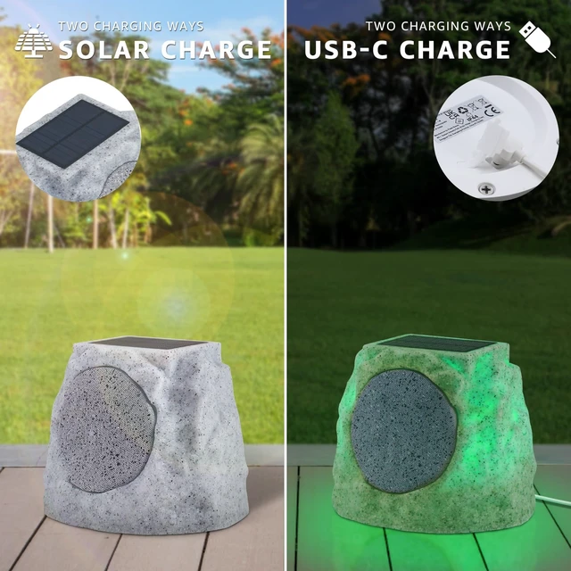 Alt view image 3 of 7 - Solar Rock Speakers Outdoor Water-Resistant Solar Powered Rock Speaker with Lights RGB and TWS Pair for Patio Outside Garden BBQ Deck