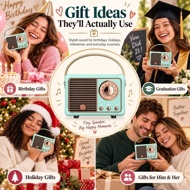 Alt view image 3 of 7 - Retro Bluetooth Speaker,Small Vintage Decor,Cute Birthday Gifts Blue | Gifts for women teenage portable mini wireless old Fashion style for kitchen desk bedroom office outdoor accessories