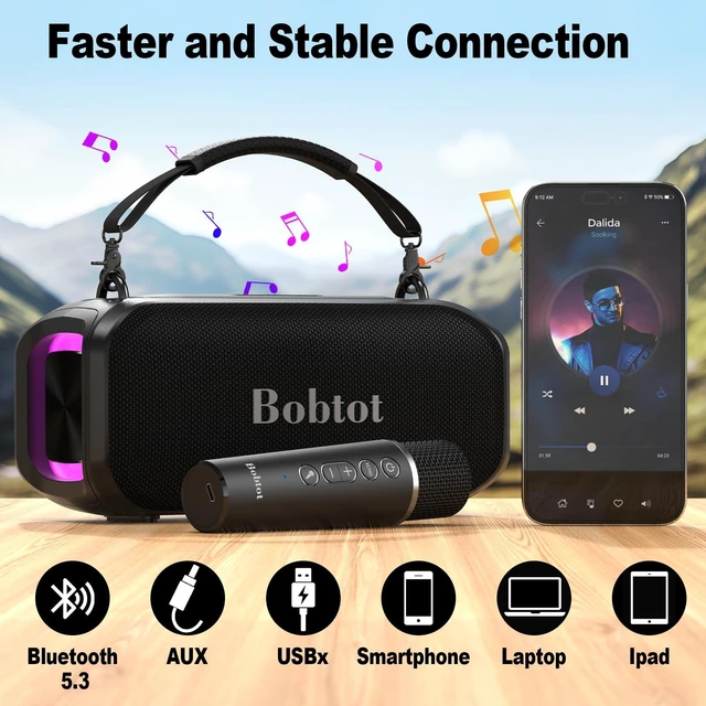 Alt view image 5 of 7 - Portable Karaoke Speaker for Adults, Small Size Singing Machine | with Wireless Microphone, Bluetooth Speaker with Punchy Bass, Magic Sound Voice, LED Lights