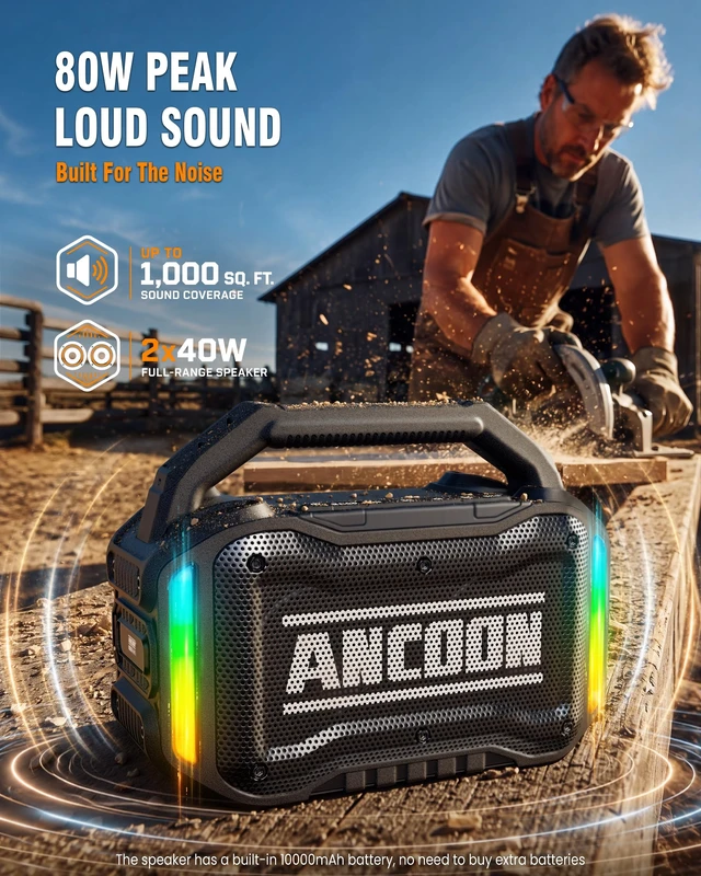Alt view image 2 of 7 - Speakers Bluetooth Wireless: 80W(Peak) Loud Speaker with Bass | 20H, Rugged, IPX6 Waterproof, Large Jobsite Speakers for Work, Outdoor, Workshop, Garage - Portable Handle with TWS (Black)