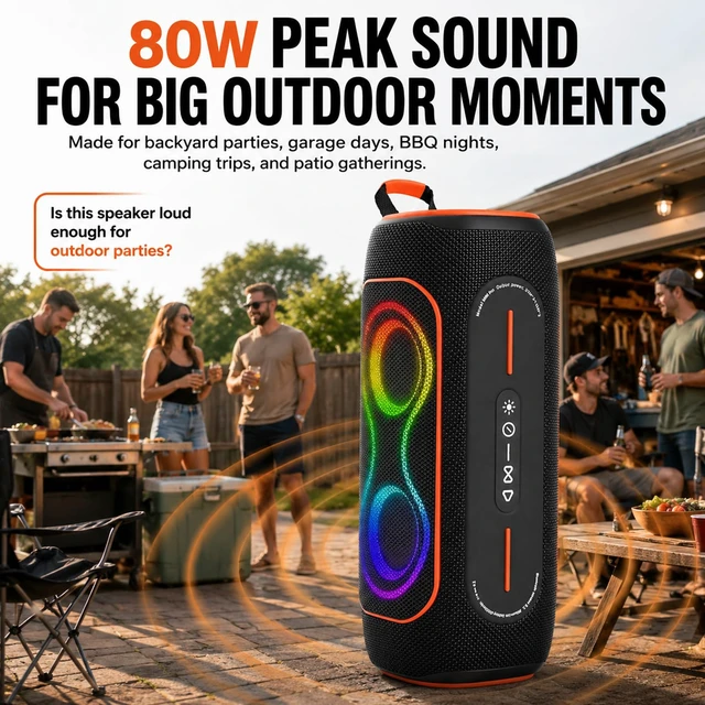 Alt view image 2 of 7 - Black 80W Portable Bluetooth Speaker, IPX5 Outdoor Speaker | 80W Bluetooth speaker with RGB lights, FM radio, TF card & AUX for outdoor use