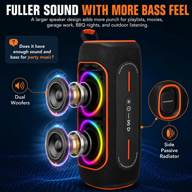 Alt view image 3 of 7 - Black 80W Portable Bluetooth Speaker, IPX5 Outdoor Speaker | 80W Bluetooth speaker with RGB lights, FM radio, TF card & AUX for outdoor use