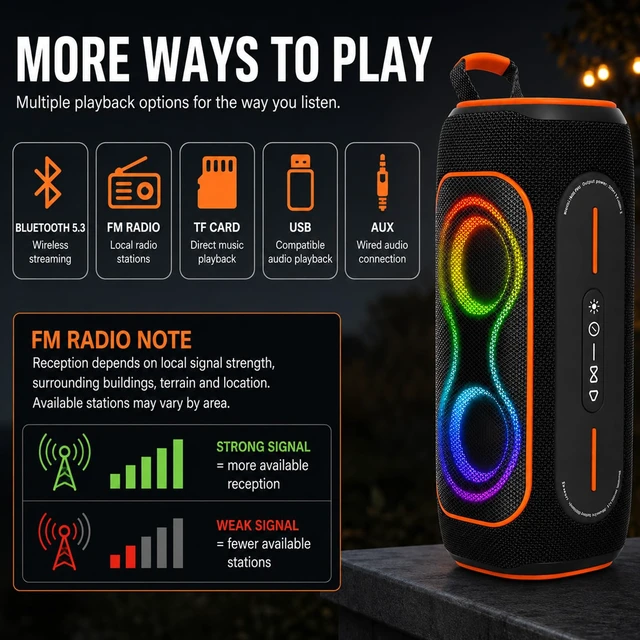 Alt view image 6 of 7 - Black 80W Portable Bluetooth Speaker, IPX5 Outdoor Speaker | 80W Bluetooth speaker with RGB lights, FM radio, TF card & AUX for outdoor use