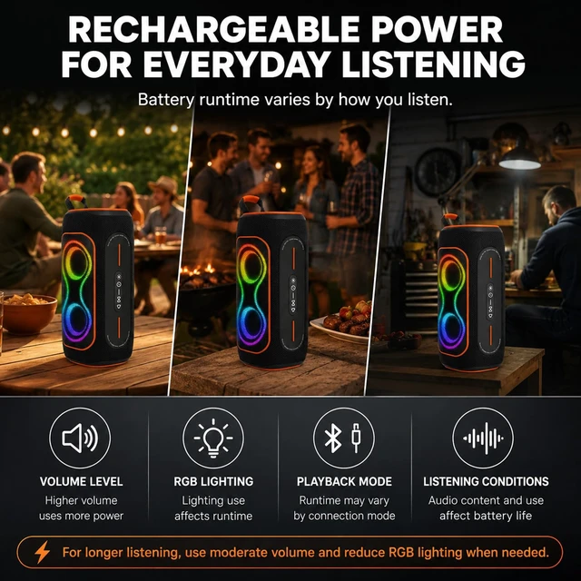 Alt view image 4 of 7 - Black 80W Portable Bluetooth Speaker, IPX5 Outdoor Speaker | 80W Bluetooth speaker with RGB lights, FM radio, TF card & AUX for outdoor use