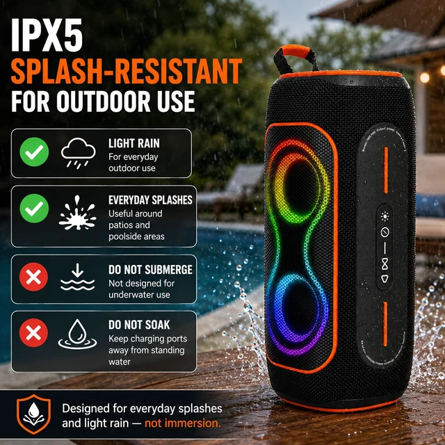 Alt view image 5 of 7 - Black 80W Portable Bluetooth Speaker, IPX5 Outdoor Speaker | 80W Bluetooth speaker with RGB lights, FM radio, TF card & AUX for outdoor use