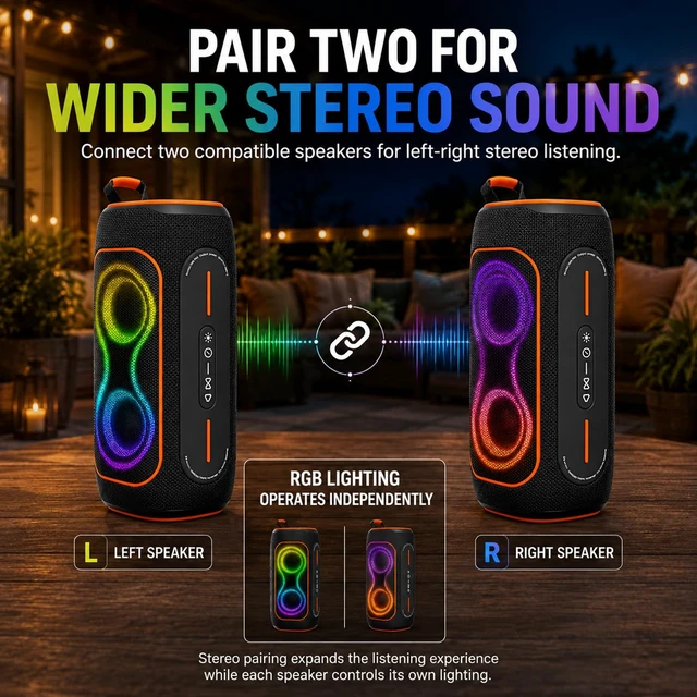 Alt view image 7 of 7 - Black 80W Portable Bluetooth Speaker, IPX5 Outdoor Speaker | 80W Bluetooth speaker with RGB lights, FM radio, TF card & AUX for outdoor use