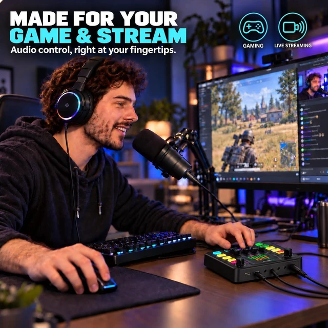 Alt view image 2 of 7 - Gaming Audio Mixer for PC Streaming, Soundboard with Voice Changer | PC/PHONE,1/4" TRS Dynamic Mic interface,Reverb,Denoise,Mute,4 Custom Sounds, 2 interactive sound effects, RGB, Bluetooth