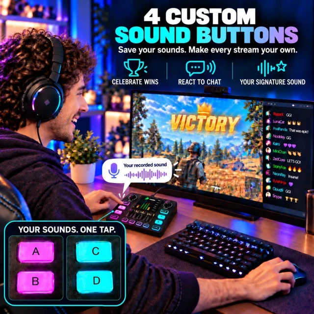 Alt view image 3 of 7 - Gaming Audio Mixer for PC Streaming, Soundboard with Voice Changer | PC/PHONE,1/4" TRS Dynamic Mic interface,Reverb,Denoise,Mute,4 Custom Sounds, 2 interactive sound effects, RGB, Bluetooth