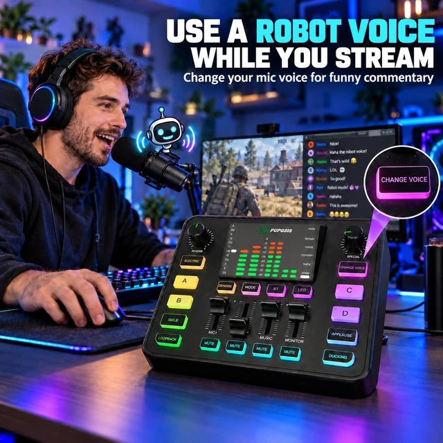 Alt view image 5 of 7 - Gaming Audio Mixer for PC Streaming, Soundboard with Voice Changer | PC/PHONE,1/4" TRS Dynamic Mic interface,Reverb,Denoise,Mute,4 Custom Sounds, 2 interactive sound effects, RGB, Bluetooth