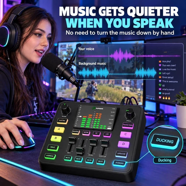 Alt view image 6 of 7 - Gaming Audio Mixer for PC Streaming, Soundboard with Voice Changer | PC/PHONE,1/4" TRS Dynamic Mic interface,Reverb,Denoise,Mute,4 Custom Sounds, 2 interactive sound effects, RGB, Bluetooth
