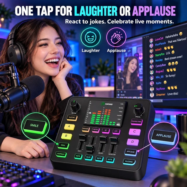 Alt view image 4 of 7 - Gaming Audio Mixer for PC Streaming, Soundboard with Voice Changer | PC/PHONE,1/4" TRS Dynamic Mic interface,Reverb,Denoise,Mute,4 Custom Sounds, 2 interactive sound effects, RGB, Bluetooth