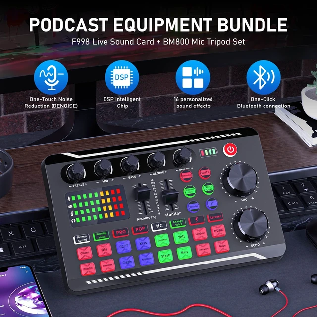 Alt view image 2 of 7 - F998 Podcast Equipment Bundle, Live Sound Card with BM-800 Mic | Studio Equipment Audio Mixer | Microphone w/ Tripod Stand| Voice Changer | For Singing, Gaming, Live Streaming YouTube Tiktok
