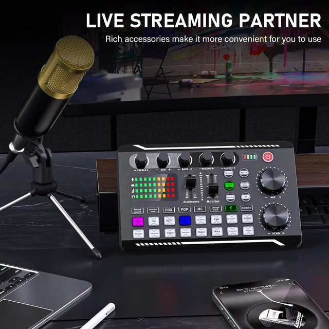 Alt view image 5 of 7 - F998 Podcast Equipment Bundle, Live Sound Card with BM-800 Mic | Studio Equipment Audio Mixer | Microphone w/ Tripod Stand| Voice Changer | For Singing, Gaming, Live Streaming YouTube Tiktok
