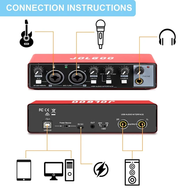 Alt view image 2 of 6 - USB Audio Interface, Red 24-Bit/192kHz Plug & Play Recording Sound Card | Red Metal Shell, 24-Bit/192kHz Resolution, Plug and Play, Low Latency for PC and Mac