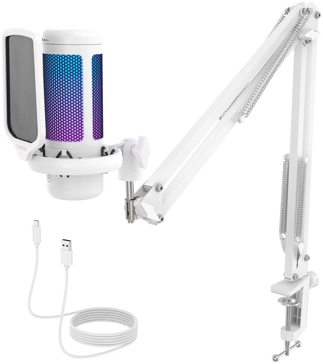 Main image of Gaming Microphone Arm Set, RGB Condenser Mic with Boom Arm, Quick Mute, Adjustable RGB Brightness, Pop Filter, Shock Mount, Gain Control for Streaming, Discord Twitch YouTube,TC310+ White