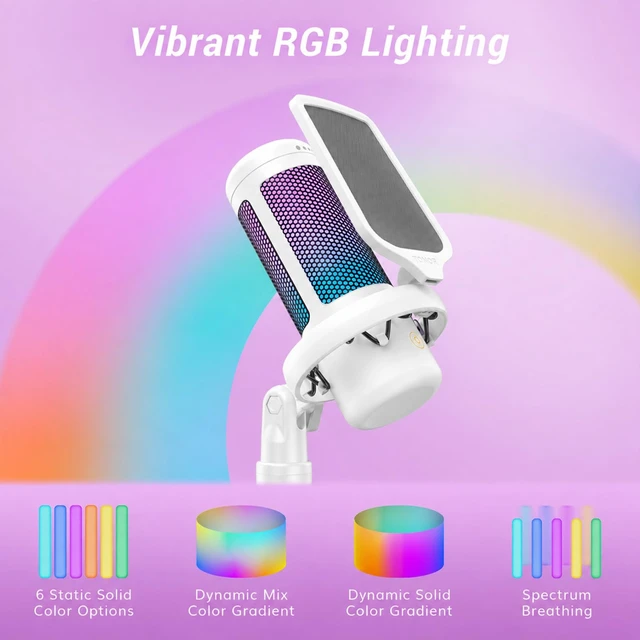 Alt view image 3 of 7 - Gaming Microphone Arm Set, RGB Condenser Mic with Boom Arm, Quick Mute, Adjustable RGB Brightness, Pop Filter, Shock Mount, Gain Control for Streaming, Discord Twitch YouTube,TC310+ White