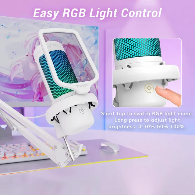 Alt view image 4 of 7 - Gaming Microphone Arm Set, RGB Condenser Mic with Boom Arm, Quick Mute, Adjustable RGB Brightness, Pop Filter, Shock Mount, Gain Control for Streaming, Discord Twitch YouTube,TC310+ White