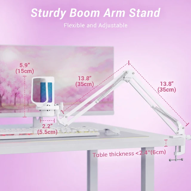 Alt view image 6 of 7 - Gaming Microphone Arm Set, RGB Condenser Mic with Boom Arm, Quick Mute, Adjustable RGB Brightness, Pop Filter, Shock Mount, Gain Control for Streaming, Discord Twitch YouTube,TC310+ White