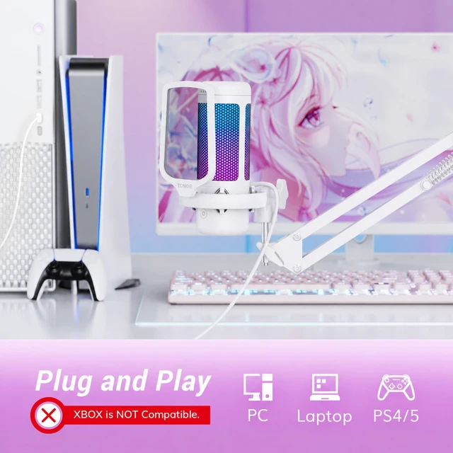 Alt view image 7 of 7 - Gaming Microphone Arm Set, RGB Condenser Mic with Boom Arm, Quick Mute, Adjustable RGB Brightness, Pop Filter, Shock Mount, Gain Control for Streaming, Discord Twitch YouTube,TC310+ White