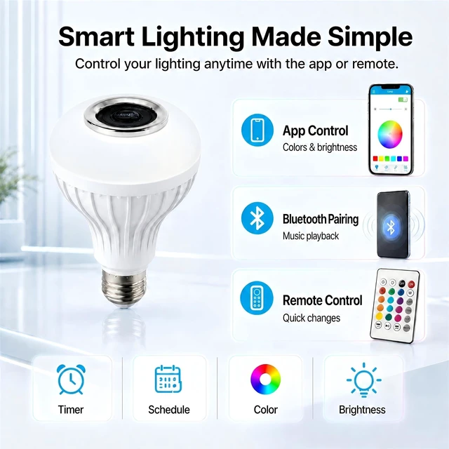 Alt view image 2 of 7 - E26 RGB Smart LED Bluetooth Light Bulb with Speaker, App & Remote | Color Changing and Brightness via App or Remote, with a Built-in Bluetooth Speaker for Bedrooms, Parties, Gaming.