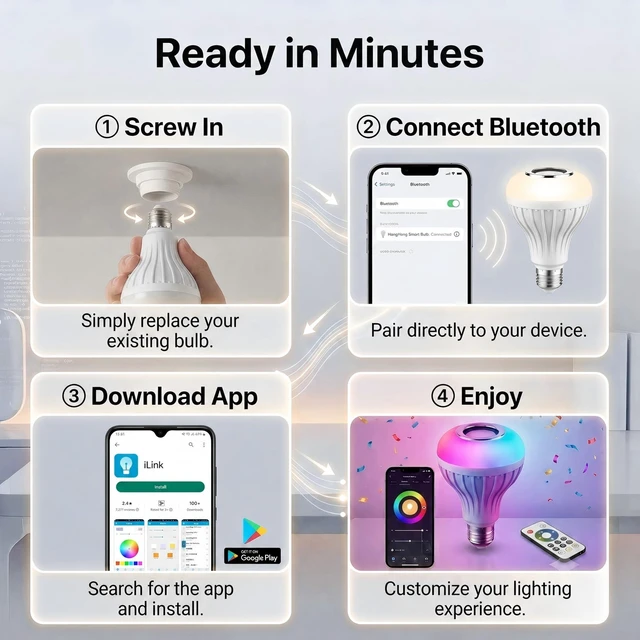 Alt view image 4 of 7 - E26 RGB Smart LED Bluetooth Light Bulb with Speaker, App & Remote | Color Changing and Brightness via App or Remote, with a Built-in Bluetooth Speaker for Bedrooms, Parties, Gaming.