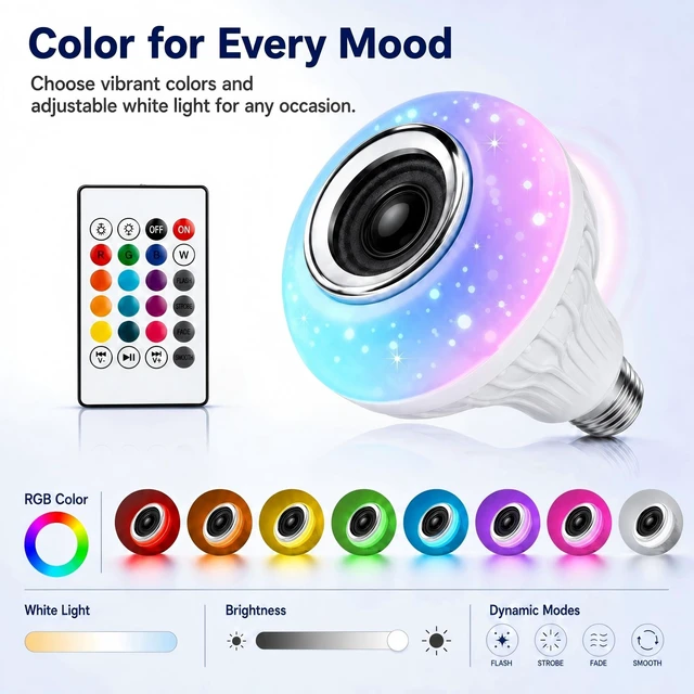 Alt view image 7 of 7 - E26 RGB Smart LED Bluetooth Light Bulb with Speaker, App & Remote | Color Changing and Brightness via App or Remote, with a Built-in Bluetooth Speaker for Bedrooms, Parties, Gaming.