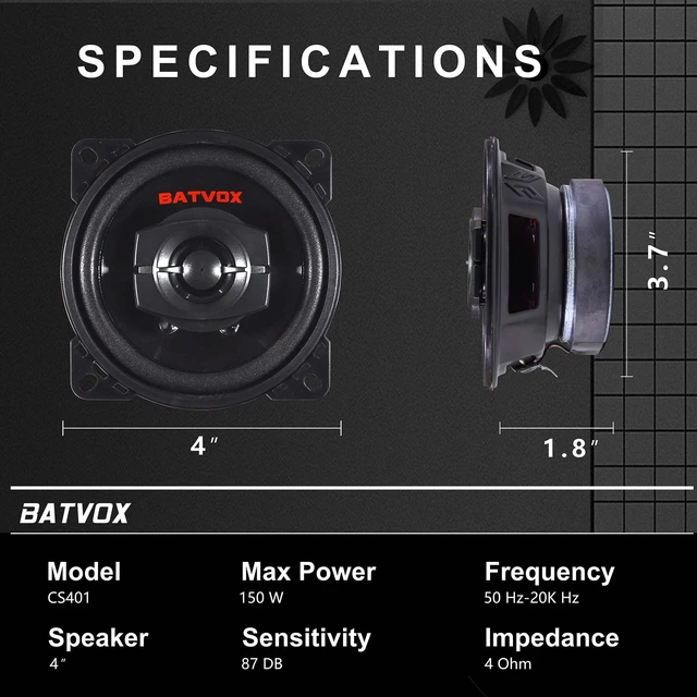 Alt view image 5 of 7 - CS401 150 Watts 4 Inch 2 Ways 4 Ohm Impedance and Piezo Tweeter for Premium Car Audio Coaxial Car Speakers, Car Stereo Sound System with Removable Grill (2 Speakers)