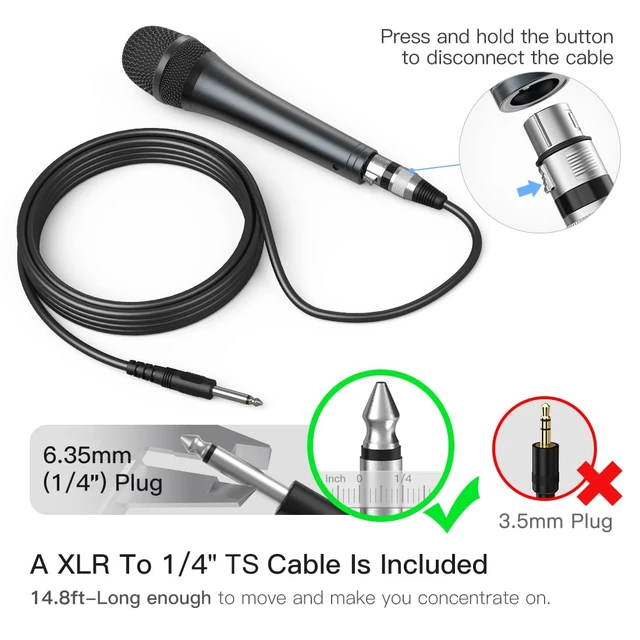Alt view image 3 of 7 - K6 Karaoke Microphone with 1/4 Plug, Dynamic Vocal Mic for Singing | 1/4 inch Wired Handheld Mic with On and Off Switch, 14.8ft Detachable Cable for Amplifier, Audio Mixer/Interface