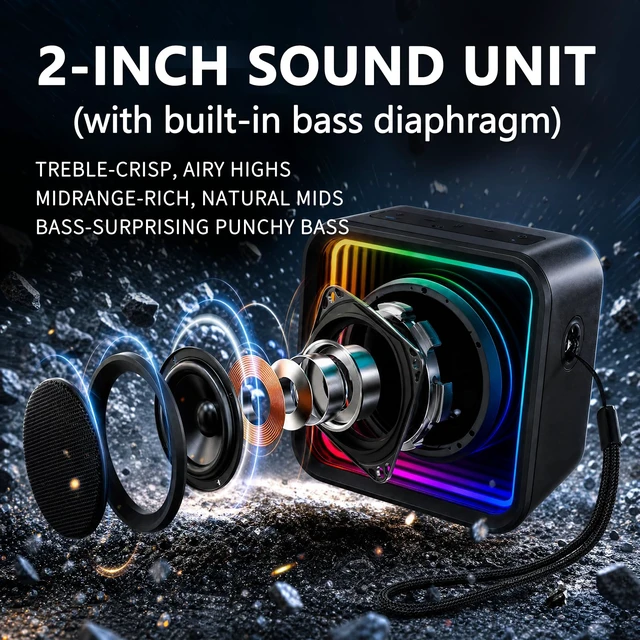 Alt view image 2 of 7 - Small Bluetooth Speaker with Strap, IP68 Waterproof Small Cute 6.0 Bluetooth Speaker with Aux Input, TF Card, TWS Pairing, RGB Light, 20H Play time, Mini Bluetooth Speakers for Shower, Office