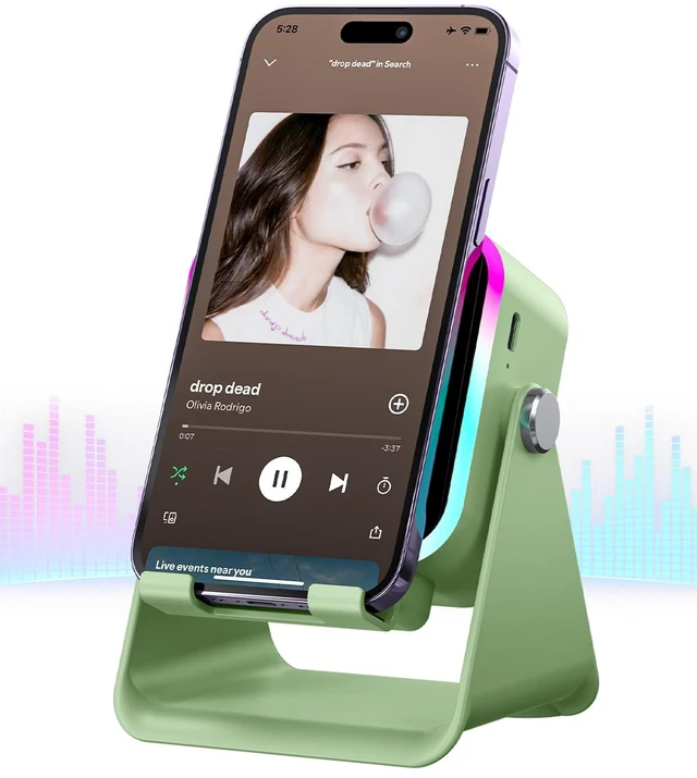 Main image of Induction Speaker 5-in-1 Wireless Bluetooth Audio for iPhone Android | No Pairing Needed, Adjustable Stand, RGB Light, Louder Sound, USB Wired Phone Charging, Cool Tech Gift for Men Women Teens