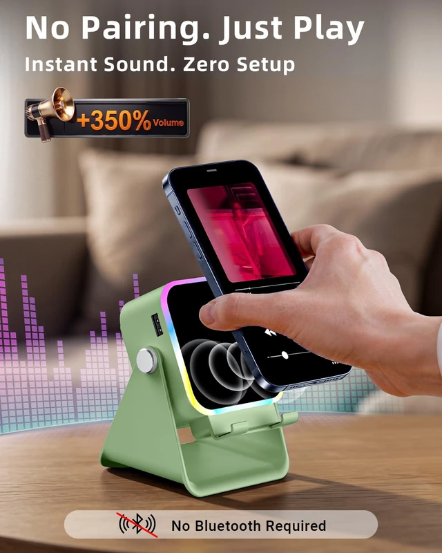 Alt view image 2 of 7 - Induction Speaker 5-in-1 Wireless Bluetooth Audio for iPhone Android | No Pairing Needed, Adjustable Stand, RGB Light, Louder Sound, USB Wired Phone Charging, Cool Tech Gift for Men Women Teens