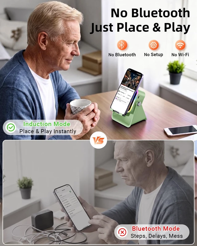 Alt view image 3 of 7 - Induction Speaker 5-in-1 Wireless Bluetooth Audio for iPhone Android | No Pairing Needed, Adjustable Stand, RGB Light, Louder Sound, USB Wired Phone Charging, Cool Tech Gift for Men Women Teens